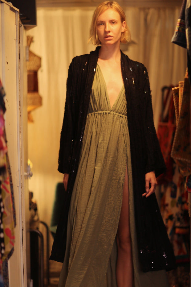 BLACK FRILL SEQUIN EMBROIDERED KIMONO ISAI - sustainably made MOMO NEW YORK sustainable clothing, embellished slow fashion