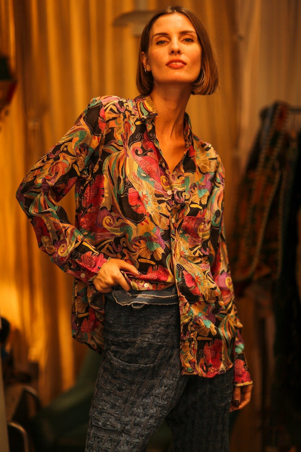 BOYFRIEND BILLIE BLACK OCEAN FLOWERS - sustainably made MOMO NEW YORK sustainable clothing, boyfrend shirt slow fashion
