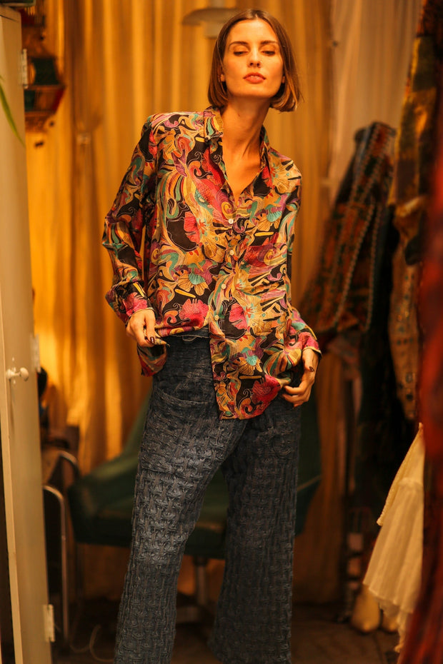 BOYFRIEND BILLIE BLACK OCEAN FLOWERS - sustainably made MOMO NEW YORK sustainable clothing, boyfrend shirt slow fashion