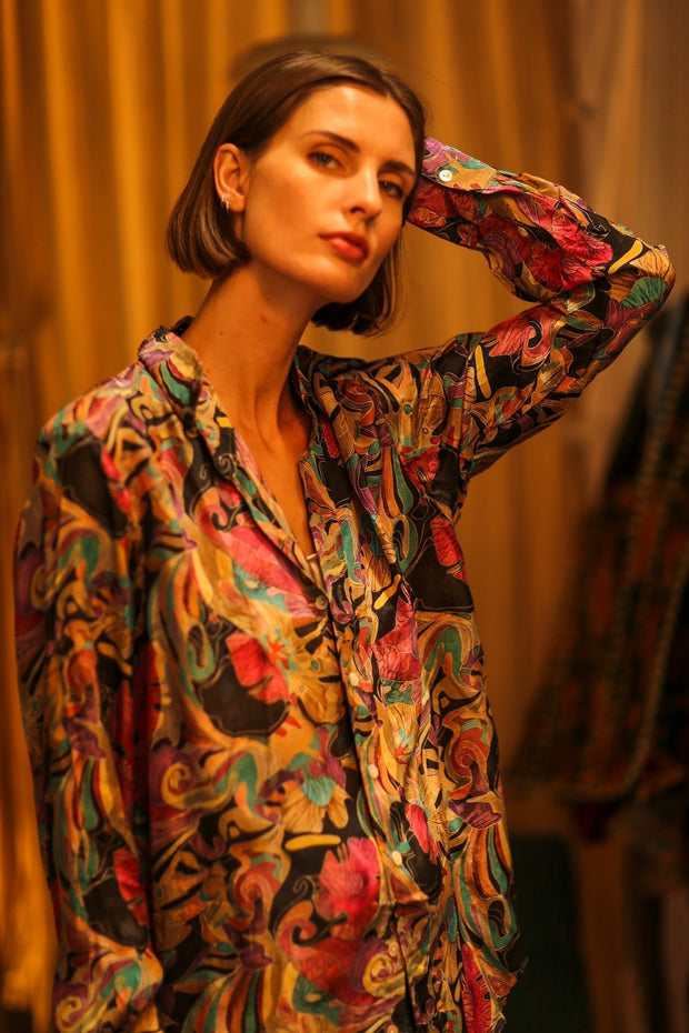 BOYFRIEND BILLIE BLACK OCEAN FLOWERS - sustainably made MOMO NEW YORK sustainable clothing, boyfrend shirt slow fashion