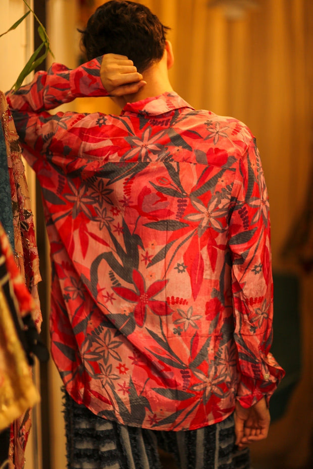 BOYFRIEND BILLIE LIGHT RED JUNGLE - sustainably made MOMO NEW YORK sustainable clothing, boyfrend shirt slow fashion