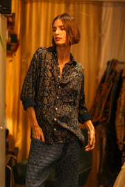 BOYFRIEND BILLIE NAVY BLUE FLOWER - sustainably made MOMO NEW YORK sustainable clothing, boyfrend shirt slow fashion