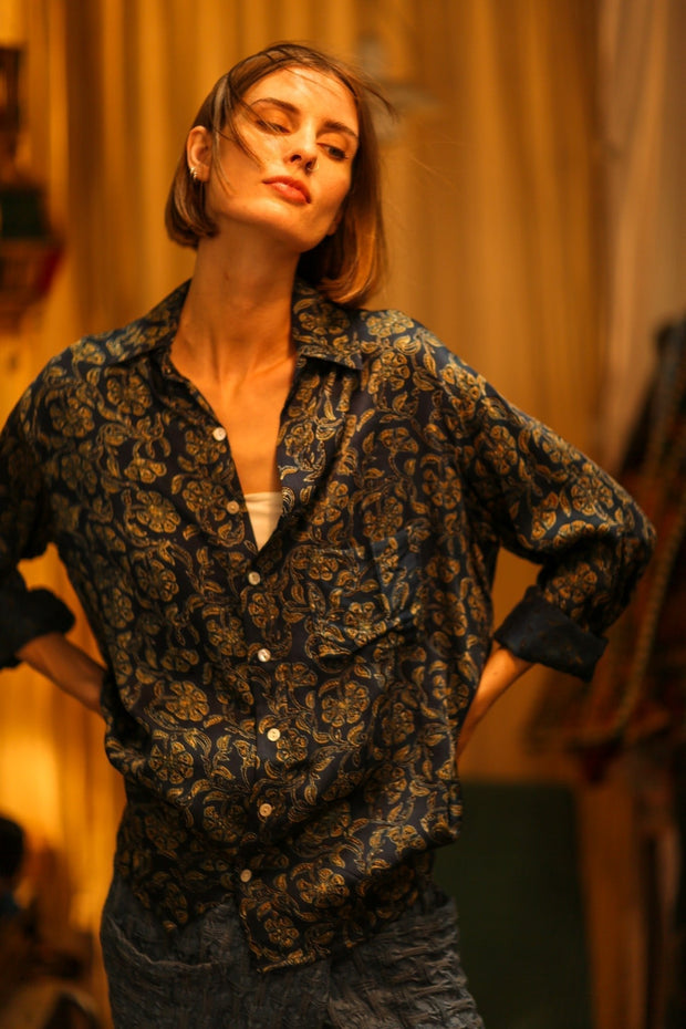 BOYFRIEND BILLIE NAVY BLUE FLOWER - sustainably made MOMO NEW YORK sustainable clothing, boyfrend shirt slow fashion