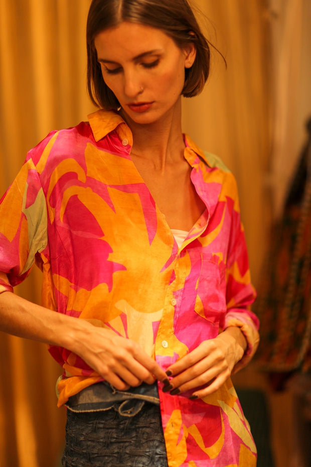 BOYFRIEND BILLIE PINK AND YELLOW SPLASH - sustainably made MOMO NEW YORK sustainable clothing, boyfrend shirt slow fashion