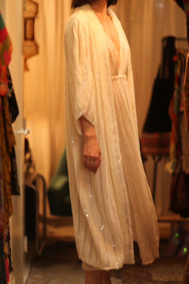 CREAM FRILL SEQUIN EMBROIDERED ISAI - sustainably made MOMO NEW YORK sustainable clothing, kimono slow fashion