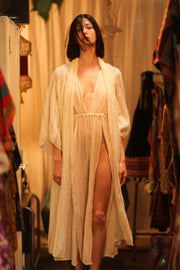 CREAM FRILL SEQUIN EMBROIDERED ISAI - sustainably made MOMO NEW YORK sustainable clothing, kimono slow fashion