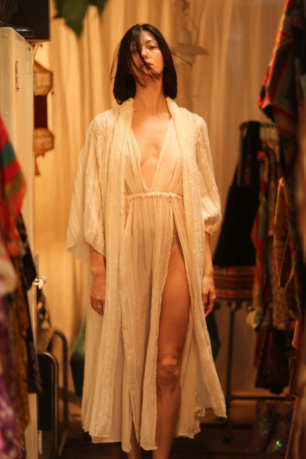CREAM FRILL SEQUIN EMBROIDERED ISAI - sustainably made MOMO NEW YORK sustainable clothing, kimono slow fashion