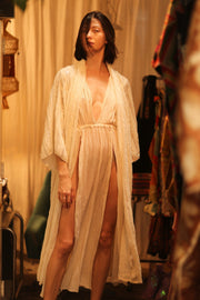 CREAM FRILL SEQUIN EMBROIDERED ISAI - sustainably made MOMO NEW YORK sustainable clothing, kimono slow fashion