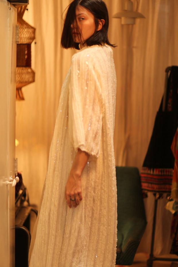 CREAM FRILL SEQUIN EMBROIDERED ISAI - sustainably made MOMO NEW YORK sustainable clothing, kimono slow fashion