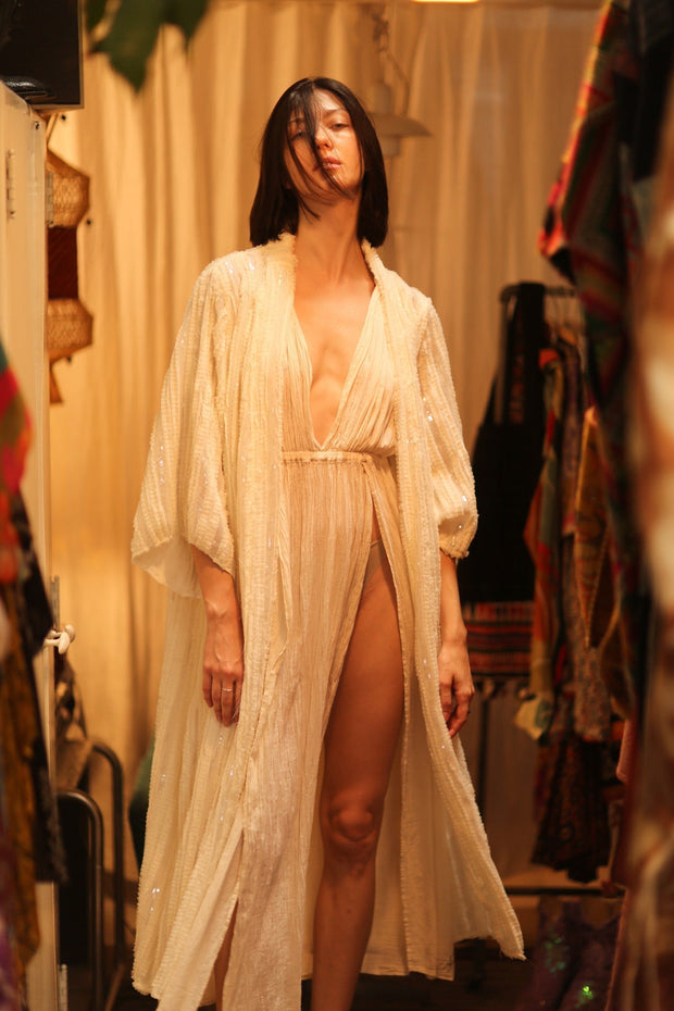 CREAM FRILL SEQUIN EMBROIDERED ISAI - sustainably made MOMO NEW YORK sustainable clothing, kimono slow fashion