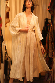 CREAM FRILL SEQUIN EMBROIDERED ISAI - sustainably made MOMO NEW YORK sustainable clothing, kimono slow fashion