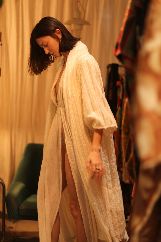CREAM FRILL SEQUIN EMBROIDERED ISAI - sustainably made MOMO NEW YORK sustainable clothing, kimono slow fashion