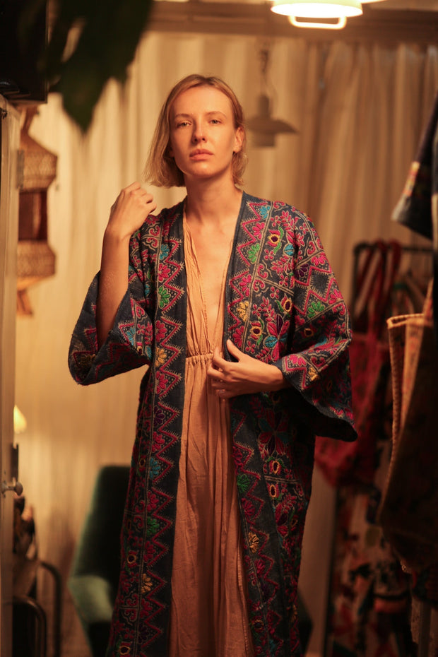 DUMA ARTISAN MADE EMBROIDERED KIMONO ZIGZAG - sustainably made MOMO NEW YORK sustainable clothing, Coat slow fashion
