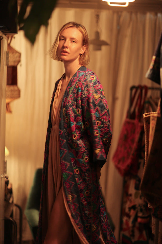 DUMA ARTISAN MADE EMBROIDERED KIMONO ZIGZAG - sustainably made MOMO NEW YORK sustainable clothing, Coat slow fashion