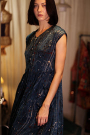 EDITH SILK DRESS BLUE PAINTER - sustainably made MOMO NEW YORK sustainable clothing, Boho Chic Dress slow fashion