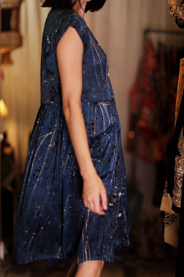 EDITH SILK DRESS BLUE PAINTER - sustainably made MOMO NEW YORK sustainable clothing, Boho Chic Dress slow fashion