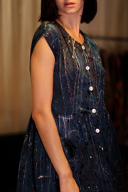 EDITH SILK DRESS BLUE PAINTER - sustainably made MOMO NEW YORK sustainable clothing, Boho Chic Dress slow fashion