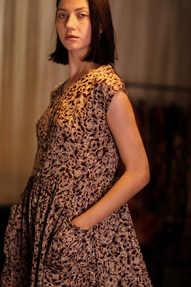 EDITH SILK DRESS GREY FLORAL - sustainably made MOMO NEW YORK sustainable clothing, Boho Chic Dress slow fashion