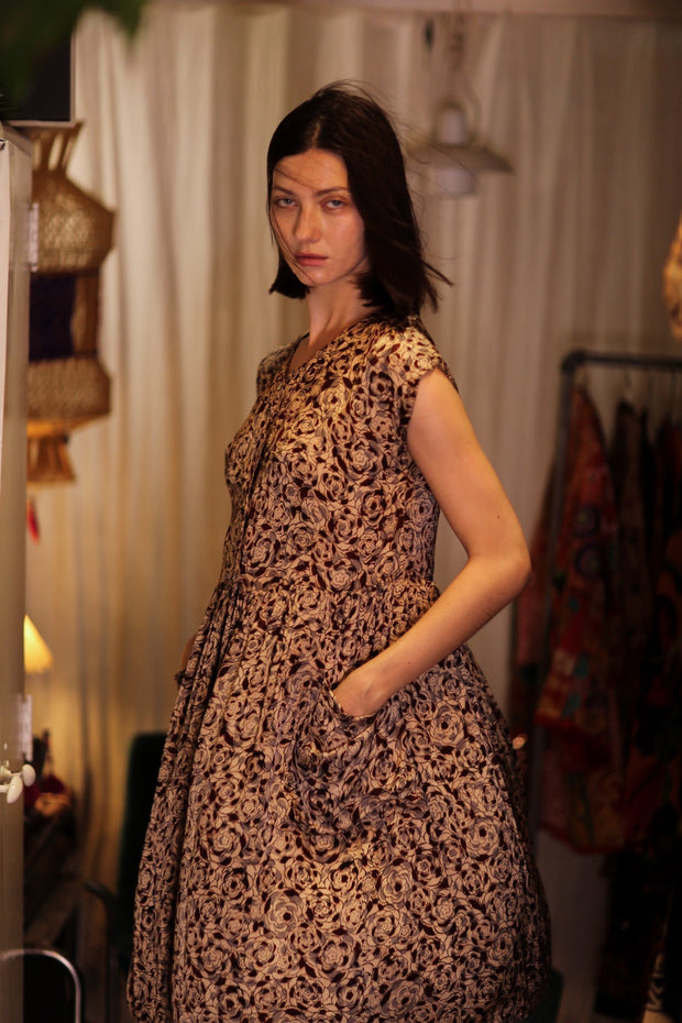 EDITH SILK DRESS GREY FLORAL - sustainably made MOMO NEW YORK sustainable clothing, Boho Chic Dress slow fashion