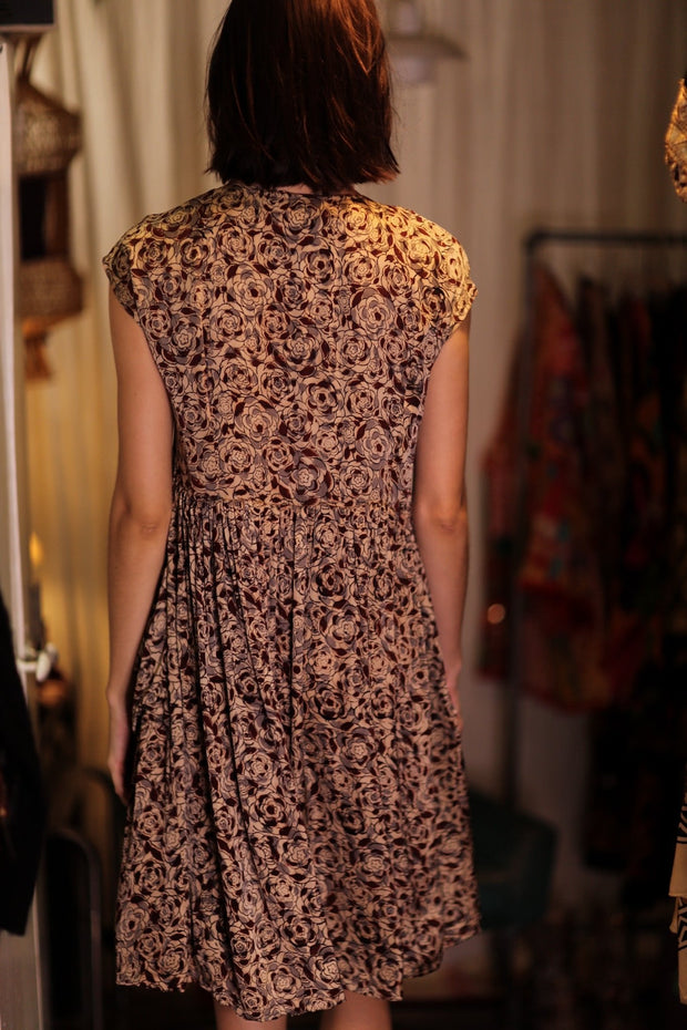 EDITH SILK DRESS GREY FLORAL - sustainably made MOMO NEW YORK sustainable clothing, Boho Chic Dress slow fashion