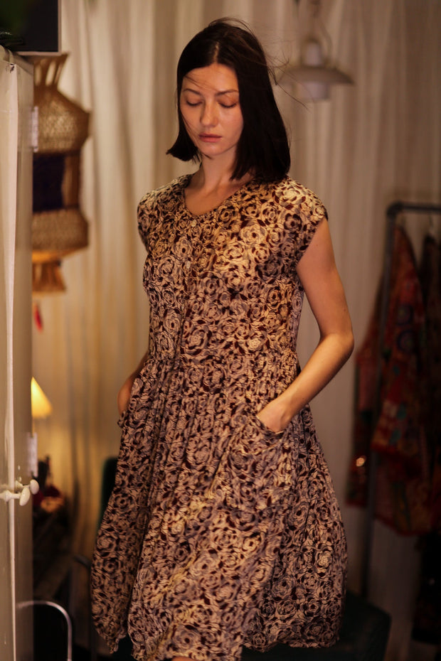 EDITH SILK DRESS GREY FLORAL - sustainably made MOMO NEW YORK sustainable clothing, Boho Chic Dress slow fashion