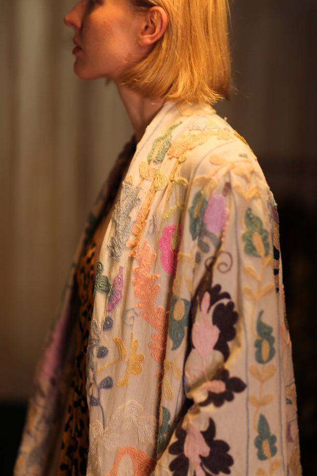 EMBROIDERED SHORT KIMONO MONTY SUZANI PASTEL - sustainably made MOMO NEW YORK sustainable clothing, embellished slow fashion