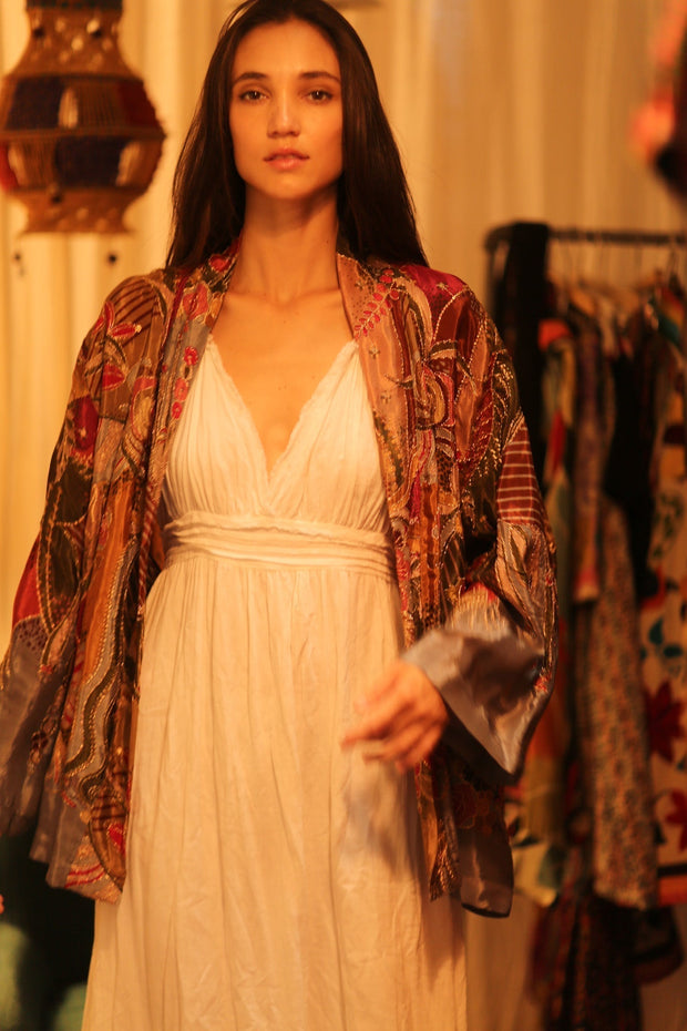 EMBROIDERED SILK SHORT KIMONO CARINE - sustainably made MOMO NEW YORK sustainable clothing, kimono slow fashion