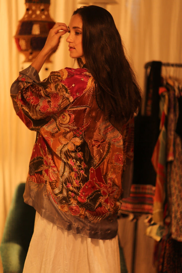 EMBROIDERED SILK SHORT KIMONO CARINE - sustainably made MOMO NEW YORK sustainable clothing, kimono slow fashion