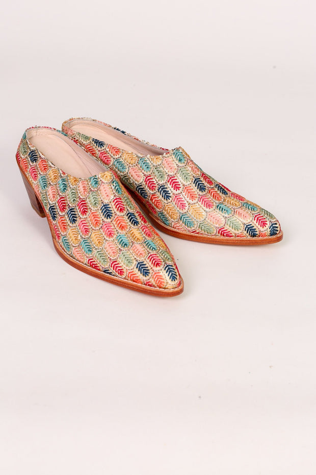 EMBROIDERED WESTERN HEEL MULES TAHIA - sustainably made MOMO NEW YORK sustainable clothing, mules slow fashion