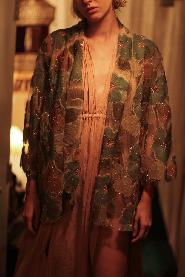 FLO SEQUINED EMBROIDERED SHORT KIMONO BLUE - sustainably made MOMO NEW YORK sustainable clothing, embellished slow fashion