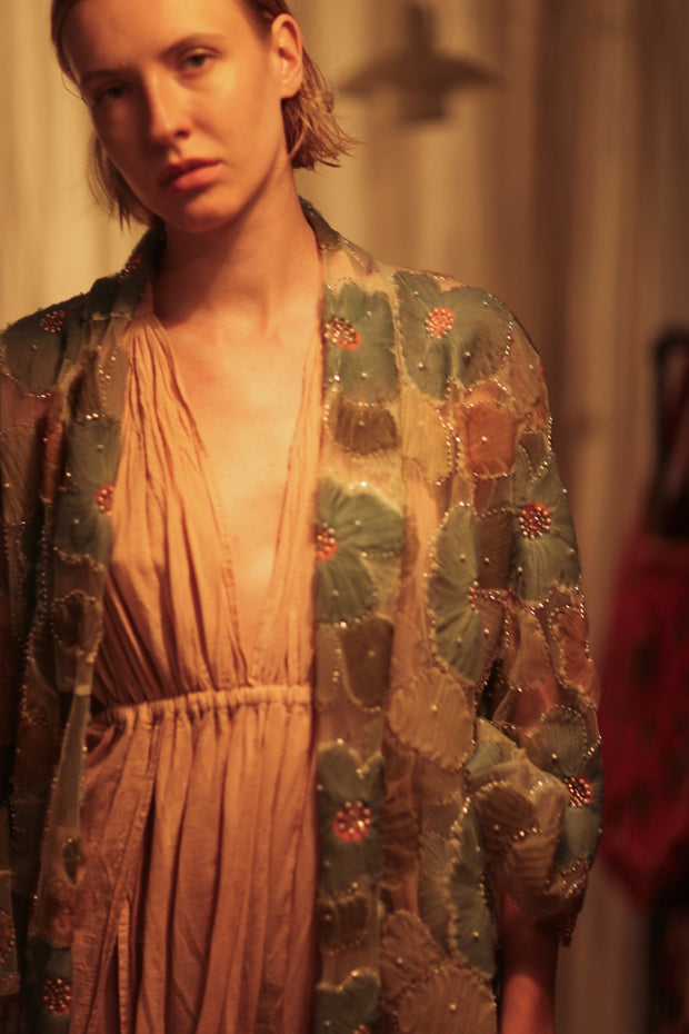 FLO SEQUINED EMBROIDERED SHORT KIMONO BLUE - sustainably made MOMO NEW YORK sustainable clothing, embellished slow fashion