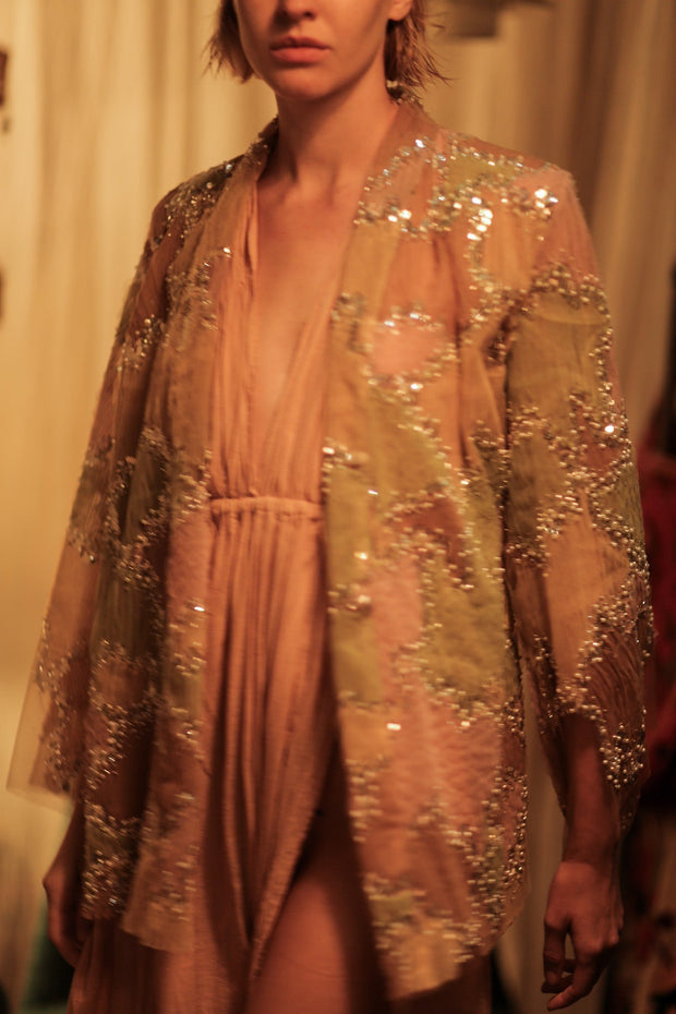 FLO SEQUINED EMBROIDERED SHORT KIMONO MAPS - sustainably made MOMO NEW YORK sustainable clothing, embellished slow fashion