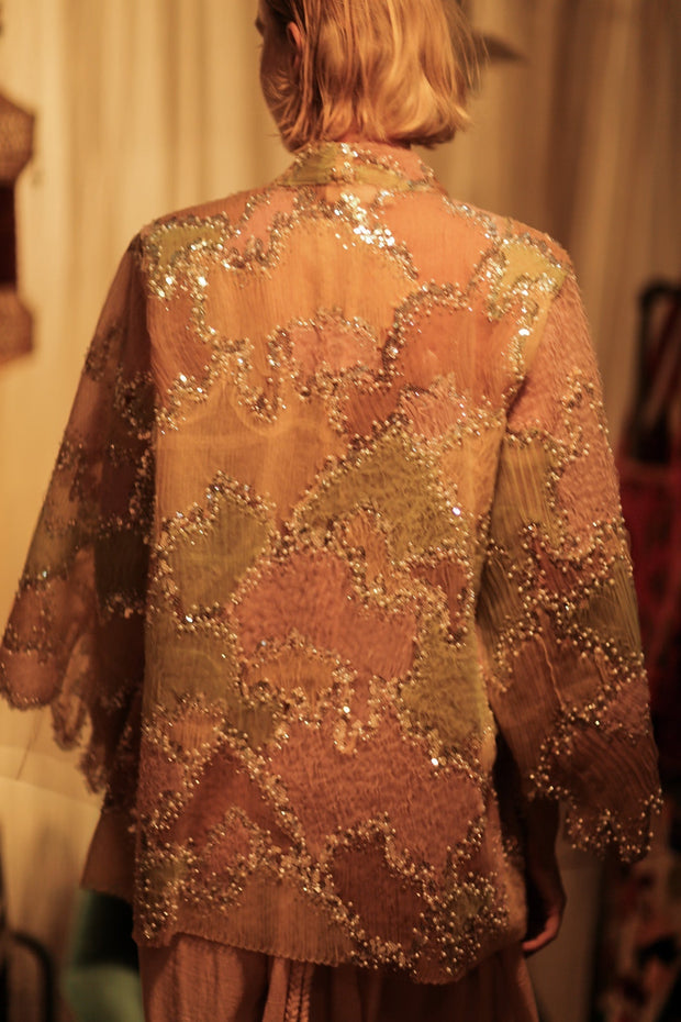 FLO SEQUINED EMBROIDERED SHORT KIMONO MAPS - sustainably made MOMO NEW YORK sustainable clothing, embellished slow fashion