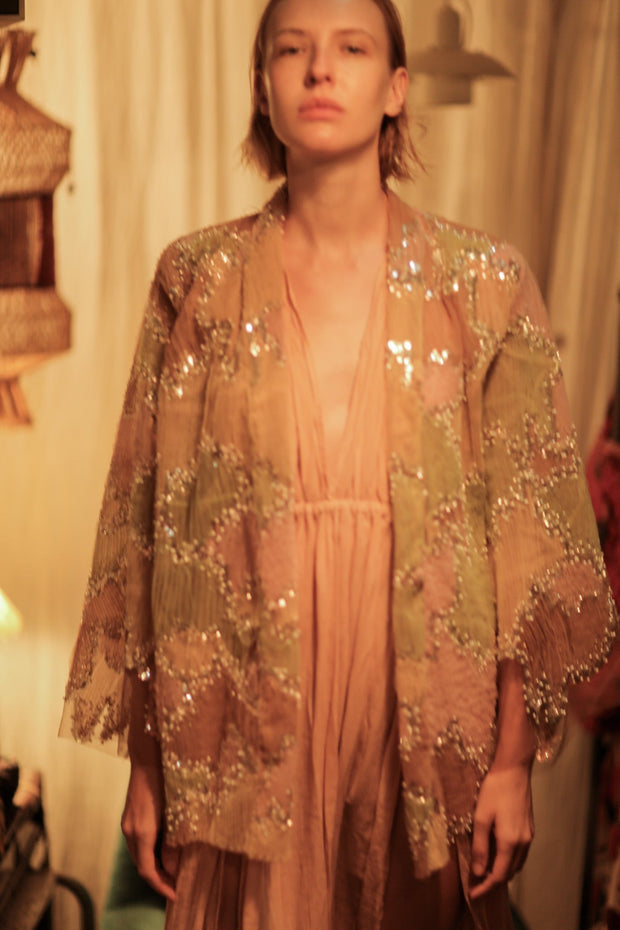 FLO SEQUINED EMBROIDERED SHORT KIMONO MAPS - sustainably made MOMO NEW YORK sustainable clothing, embellished slow fashion