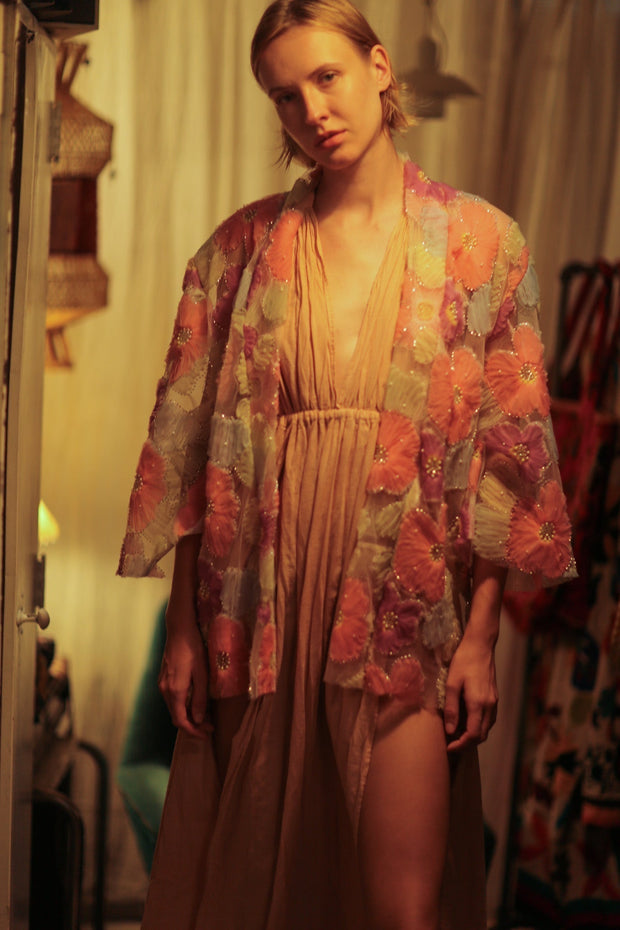 FLO SEQUINED EMBROIDERED SHORT KIMONO PINK - sustainably made MOMO NEW YORK sustainable clothing, embellished slow fashion
