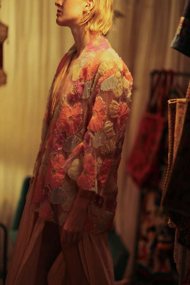 FLO SEQUINED EMBROIDERED SHORT KIMONO PINK - sustainably made MOMO NEW YORK sustainable clothing, embellished slow fashion