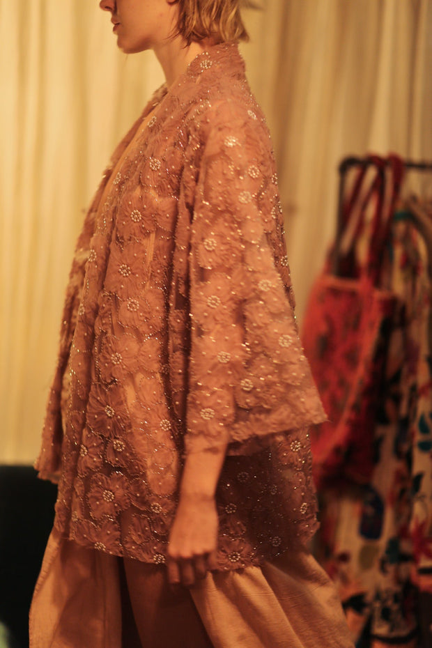 FLO SEQUINED EMBROIDERED SHORT KIMONO VERY PINK - sustainably made MOMO NEW YORK sustainable clothing, embellished slow fashion
