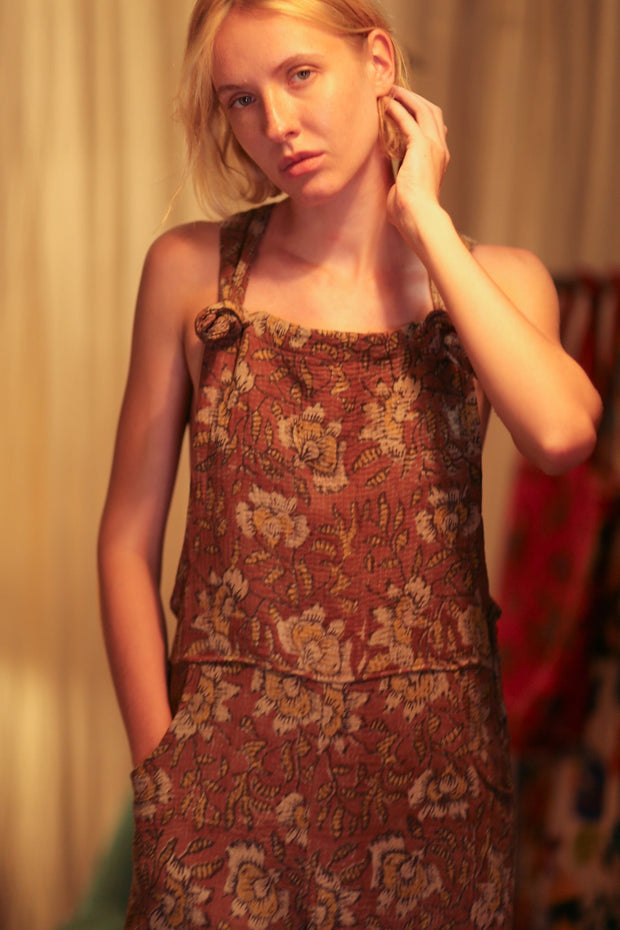 FREYA EMBROIDERED KANTHA BROWN FLORAL - sustainably made MOMO NEW YORK sustainable clothing, embroidered slow fashion