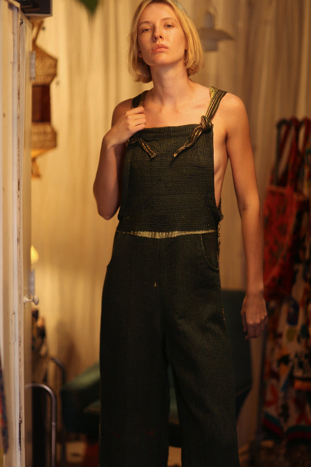 FREYA OVERALL EMBROIDERED KANTHA FOREST GREEN - sustainably made MOMO NEW YORK sustainable clothing, embroidered slow fashion