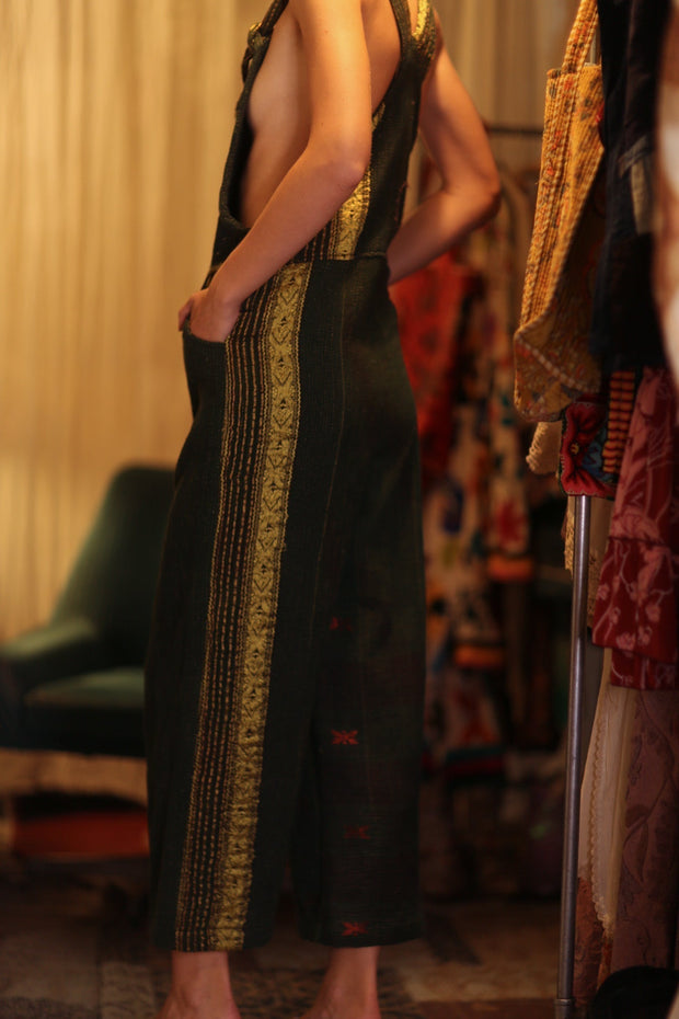 FREYA OVERALL EMBROIDERED KANTHA FOREST GREEN - sustainably made MOMO NEW YORK sustainable clothing, embroidered slow fashion
