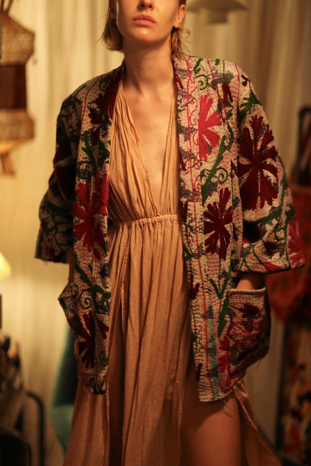 GINEVRA KANTHA EMBROIDERED KIMONO BURGUNDY - sustainably made MOMO NEW YORK sustainable clothing, embellished slow fashion