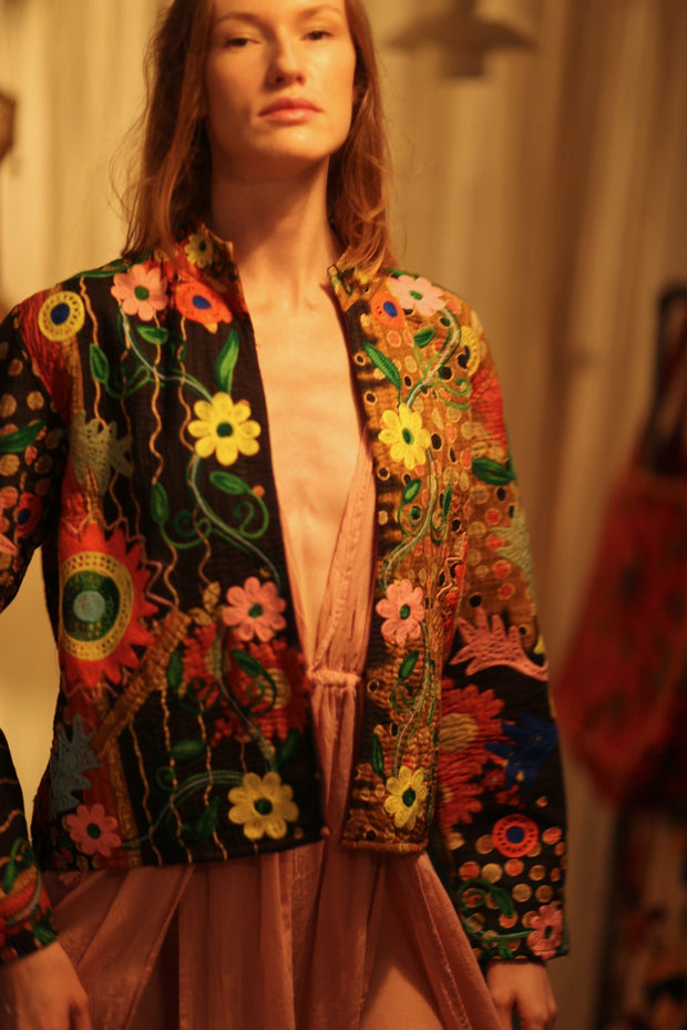 JACKET INGRID LIGHT AND DARK BROWN EMBROIDERED - sustainably made MOMO NEW YORK sustainable clothing, coatandjacket slow fashion