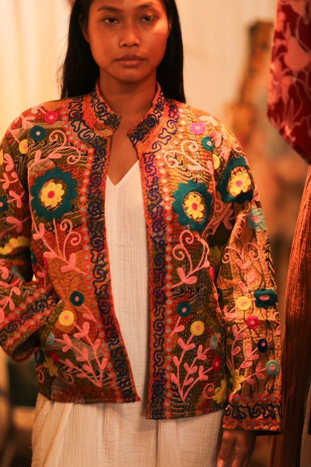 KANTHA EMBROIDERED JACKET INGRID HUGS - sustainably made MOMO NEW YORK sustainable clothing, bestseller slow fashion