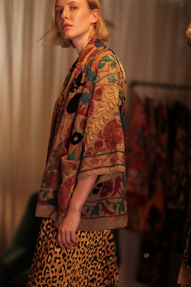 KANTHA EMBROIDERED KIMONO MONTY - sustainably made MOMO NEW YORK sustainable clothing, embellished slow fashion
