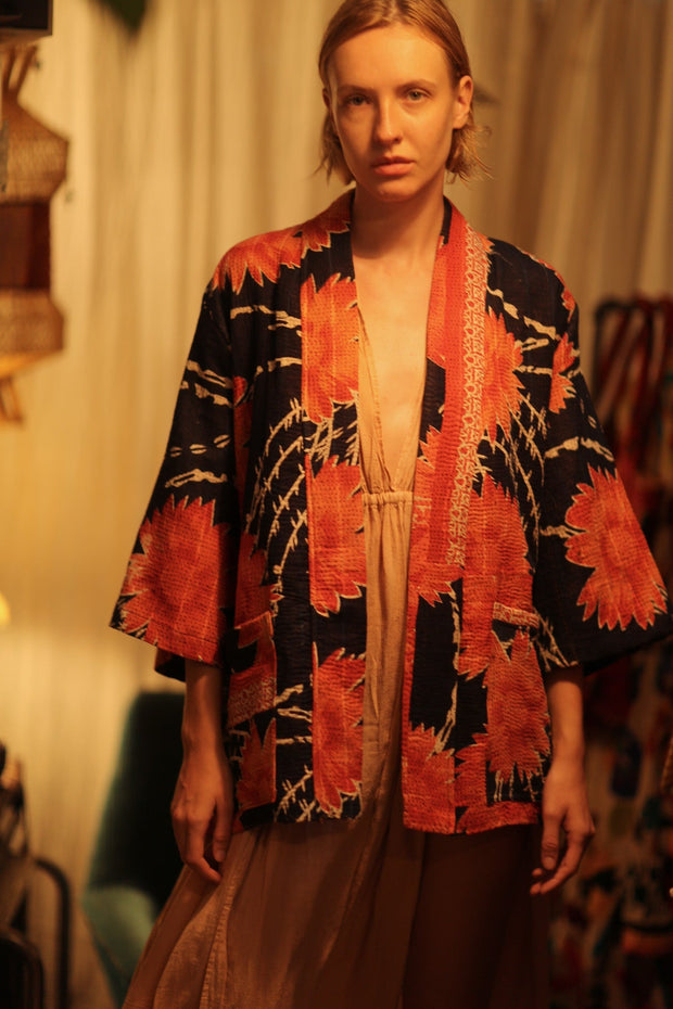 KANTHA SHORT KIMONO RUBYIN - sustainably made MOMO NEW YORK sustainable clothing, Kimono slow fashion