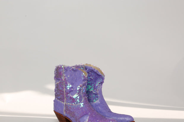 LILAC SEQUINS EMBROIDERED COWBOY ANKLE BOOTS - sustainably made MOMO NEW YORK sustainable clothing, ankle boots slow fashion
