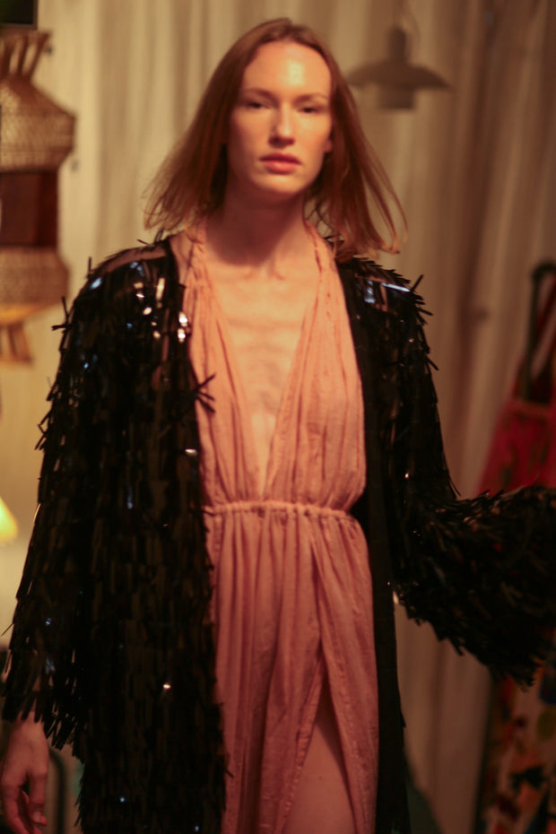 MARION SEQUINED SHORT KIMONO BLACK - sustainably made MOMO NEW YORK sustainable clothing, embellished slow fashion