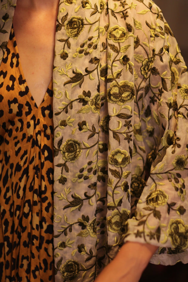 MINTY EMBROIDERED SHORT KIMONO GREEN BOUQUET - sustainably made MOMO NEW YORK sustainable clothing, embellished slow fashion