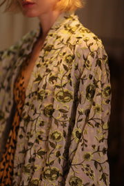 MINTY EMBROIDERED SHORT KIMONO GREEN BOUQUET - sustainably made MOMO NEW YORK sustainable clothing, embellished slow fashion