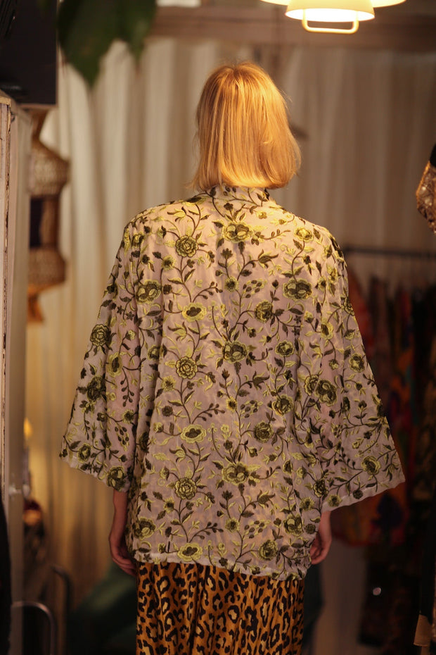 MINTY EMBROIDERED SHORT KIMONO GREEN BOUQUET - sustainably made MOMO NEW YORK sustainable clothing, embellished slow fashion